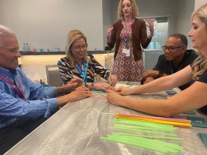 Darla Mullenix from CFCC leads Michael Connors, Mary Freitas, Victor Rivera, and Jaene Miranda from BGCPBC in a brain game.